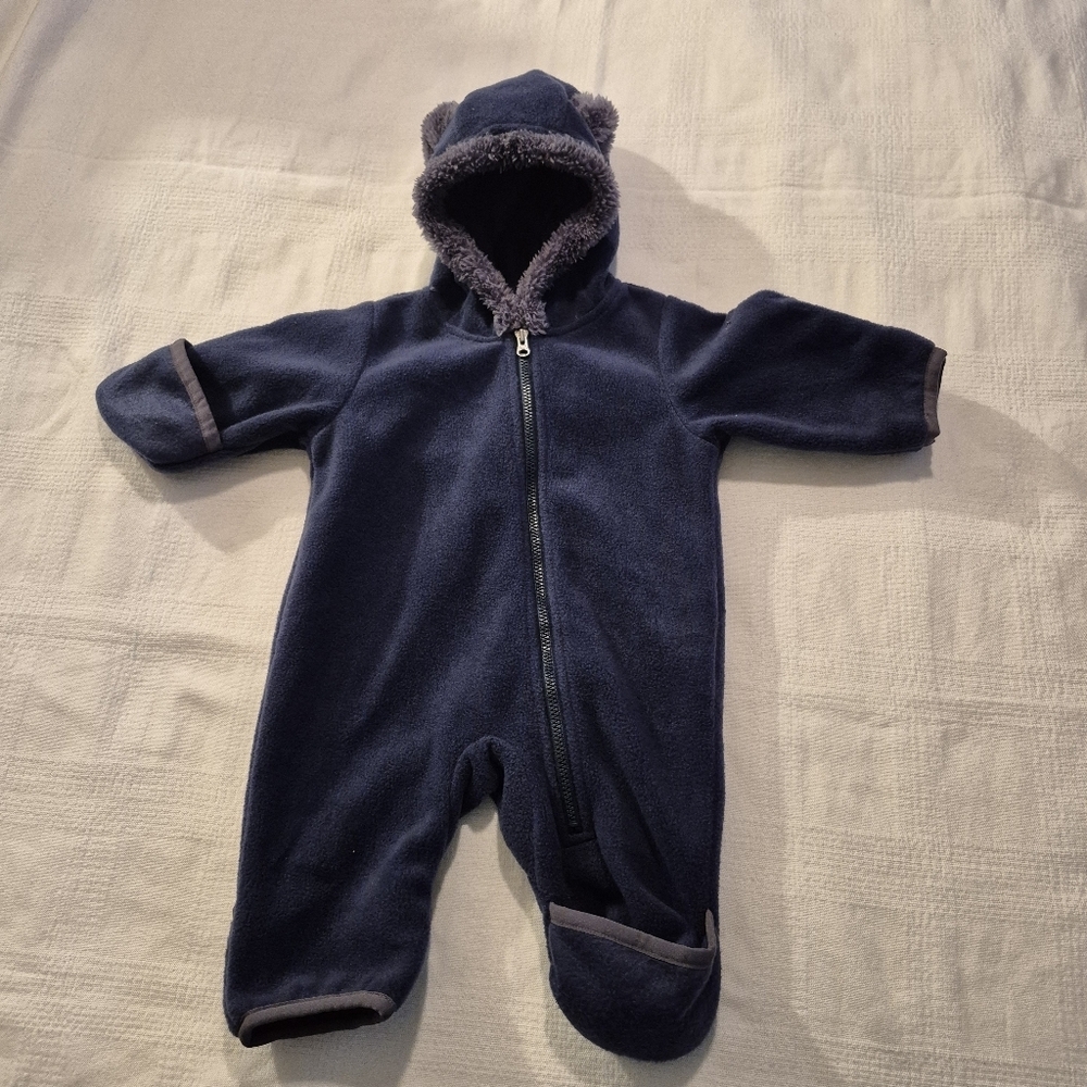 Columbia 0-3 months blue fleece zip up 1 piece bunting suit bear ears EUC